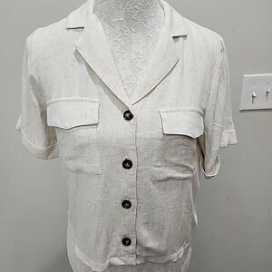 Monteau LA Women‎ Lightweight Linen Blend Button Blouse Beige Large Short Sleeve
